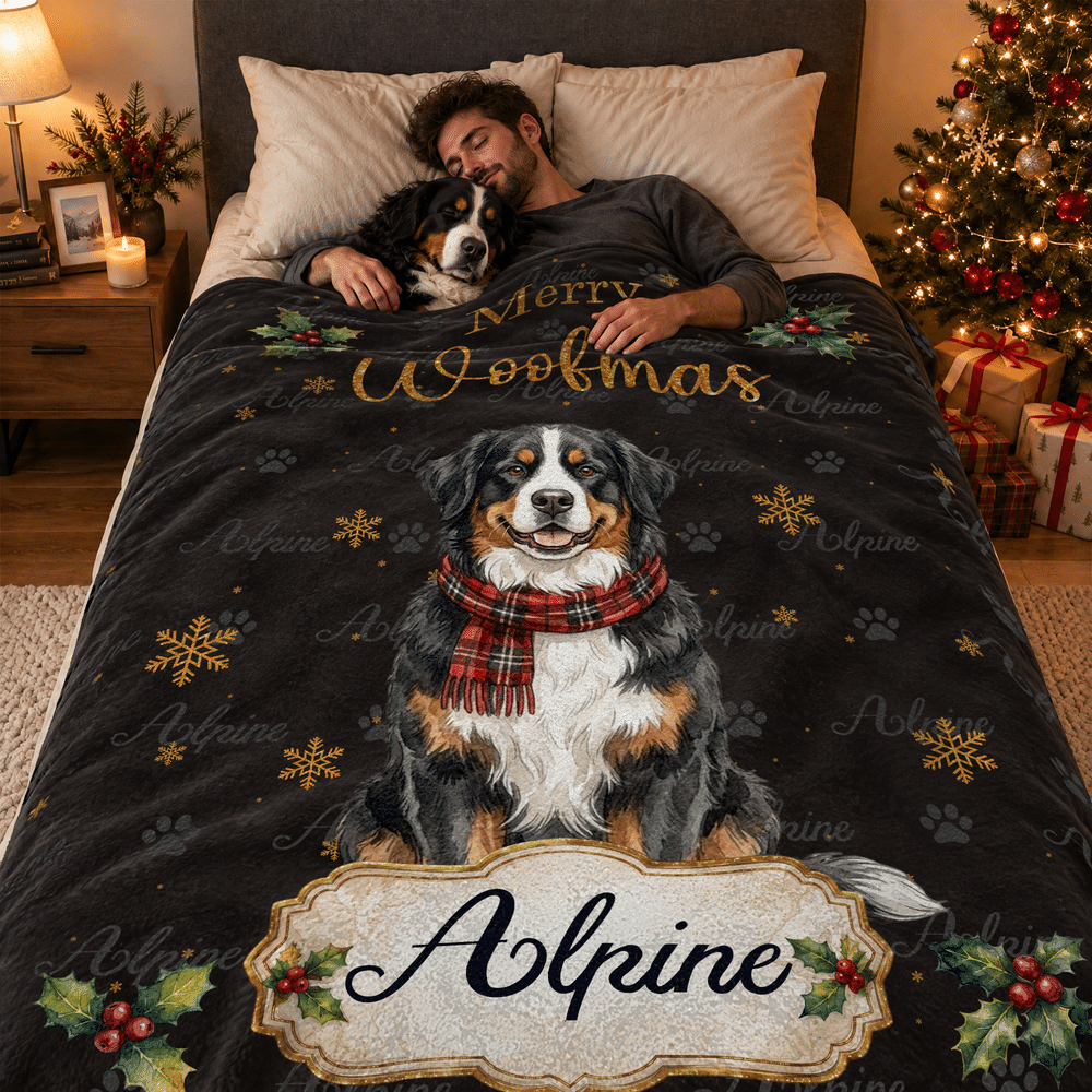 Personalized Merry Woofmas Red Plaid Scarf Pet Photo Warm Throw Blanket with Name Home Decor Christmas Gift for Pet Owner 2