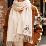 Personalised Watercolor Photo Birth Flower Soft Warm Tassel Scarf with Name Winter Accessory Birthday Christmas Gift for Family Friends Women 1