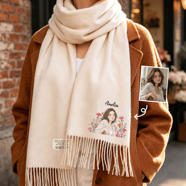 Gepersonaliseerde sjaal met aquarelfoto, geboortebloem, zachte, warme kwastjes en naam – winteraccessoire, verjaardags- en kerstcadeau voor familie, vrienden en vrouwen