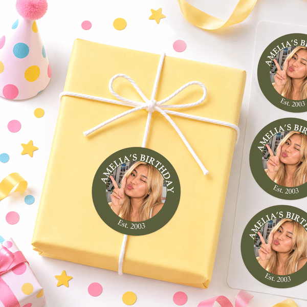 Personalized Multicolor Face Photo Round Waterproof Stickers with Text and Year Gift Decor Birthday Party Gift for Family Friends Kids
