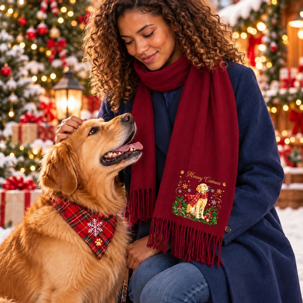 Personalized Christmas Theme Pet Photo Soft Warm Tassel Scarf Shawl with Title Winter Accessory Christmas Gift for Women Pet Owner 4