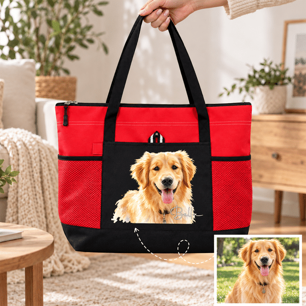 Personalized Cute Watercolor & Painting Pet Photo Zippered Tote Bag with Name and Mesh Pocket Birthday Christmas Gift for Pet Owner Parent