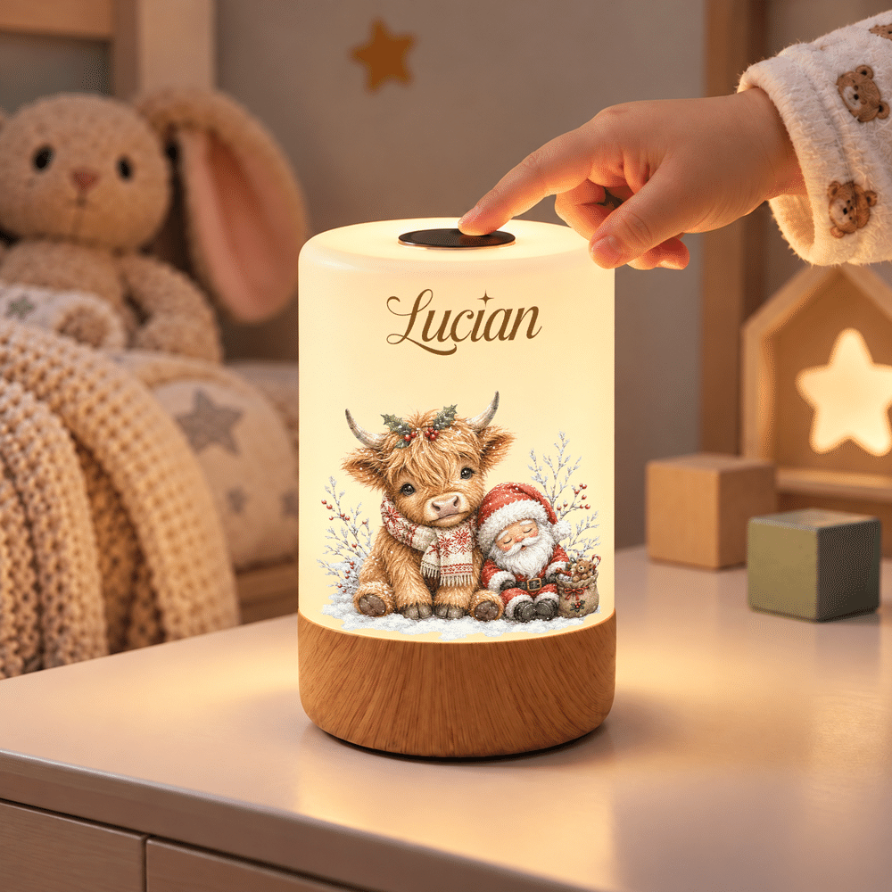 Personalised Christmas Theme Highland Cow Dimmable Touch Night Light with Name Bedroom Decor Christmas Gift for Kids 1
