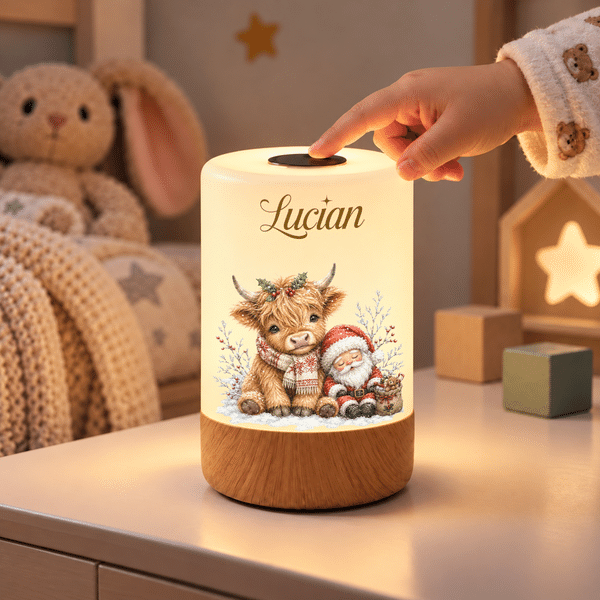 Personalised Christmas Theme Highland Cow Dimmable Touch Night Light with Name Bedroom Decor Christmas Gift for Kids