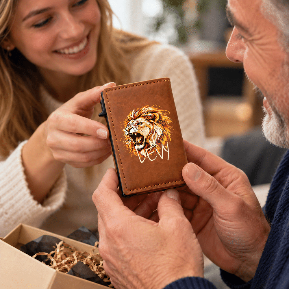 Personalized 3D-Effect Artwork Lion PU Leather RFID Blocking Pop Up Wallet with Name and Gift Box Business Trip Christmas Gift for Man 5