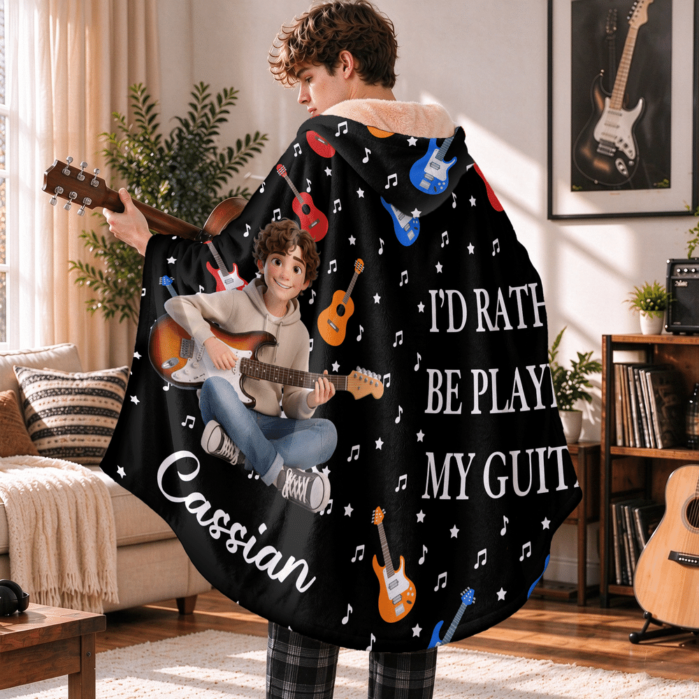 Personalized 3D-Style Art Cartoon Guitarist Photo Soft Hooded Blanket with Name Birthday Christmas Gift for Guitarist Music Lover 3