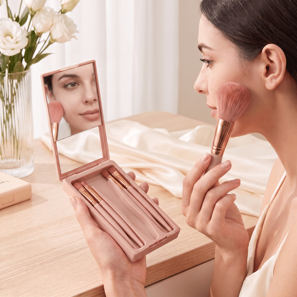 Personalized Birth Flower & Cute Cartoon Photo 5 Pcs Makeup Brush Case Set with Name Birthday Christmas Gift for Girls Women 5