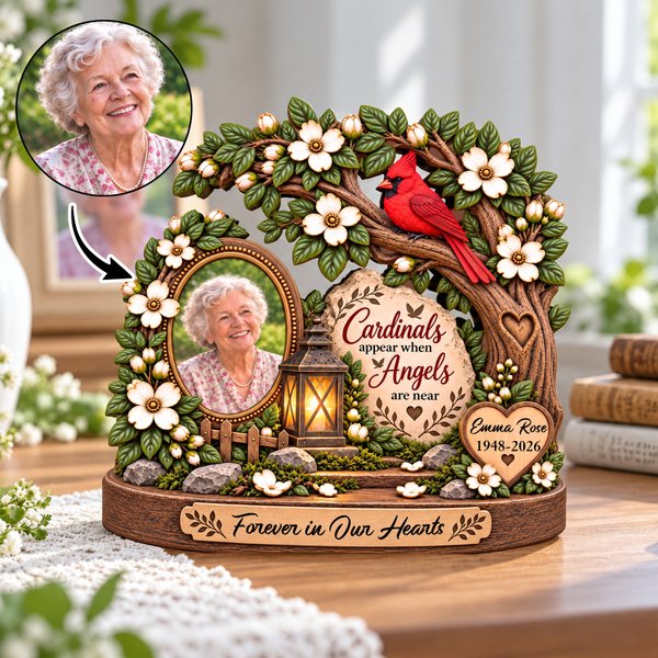 Personalised 3D-Effect Artwork Red Cardinal Tree Photo Layered Wooden Decoration with Year and Text Sympathy Memorial Gift for Family