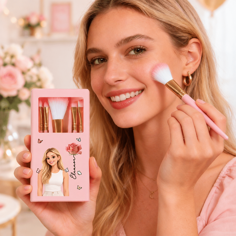 Personalized Birth Flower & Cute Cartoon Photo 5 Pcs Makeup Brush Case Set with Name Birthday Christmas Gift for Girls Women 2
