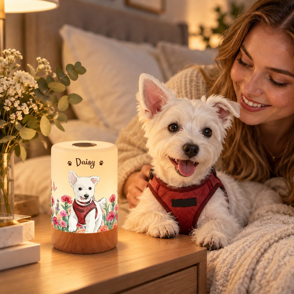 Personalised Hand-Drawn Style Birth Flower Dimmable Touch Night Light with Name and Photo Daily Use Birthday Gift for Pet Lover Friend Woman 5
