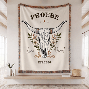 Personalized Western Cow Skull Tassel Blanket with Names and Year Home Decor Birthday Anniversary Gift for Couples