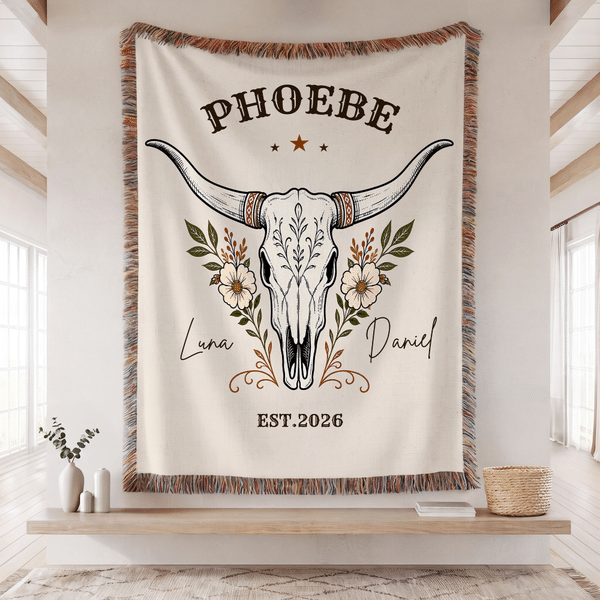 Personalised Western Cow Skull Tassel Blanket with Names and Year Home Decor Birthday Anniversary Gift for Couples