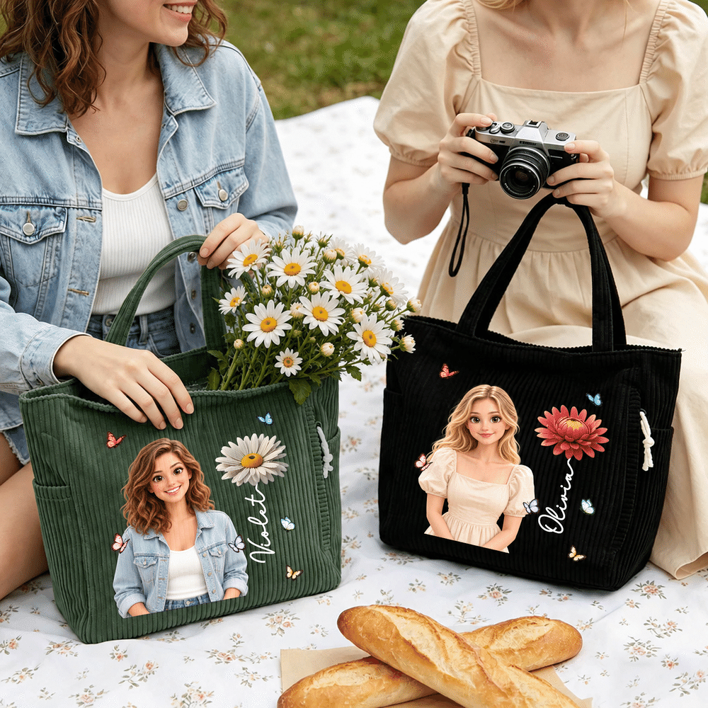 Personalized 3D-Effect Artwork Cartoon Photo Birth Flower Corduroy Tote Bag with Name Daily Use Travel Birthday Gift for Women Friends 7