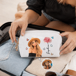 Personalised Birth Flower & Cute Cartoon Photo PU Leather Makeup Bag with Name Daily Use Birthday Christmas Gift for Women 2