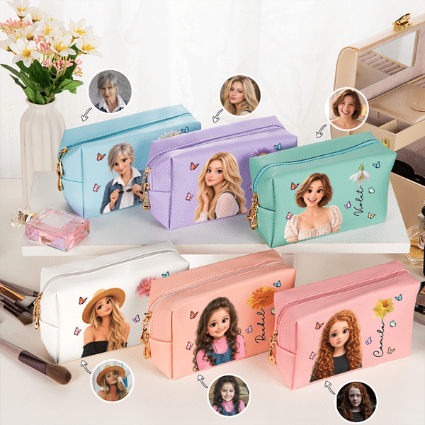 Personalised Birth Flower & Cute Cartoon Photo PU Leather Makeup Bag with Name Daily Use Birthday Christmas Gift for Women