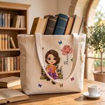 Borsa tote in velluto a coste personalizzata, con fiore di nascita, personaggio che legge e nome - Regalo di compleanno per amanti di libri