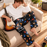 Personalised Guitar Theme Musical Note Cartoon Photo Character Soft Drawstring Pyjama Pants with Name Daily Wear Birthday Gift for Guitarist 5