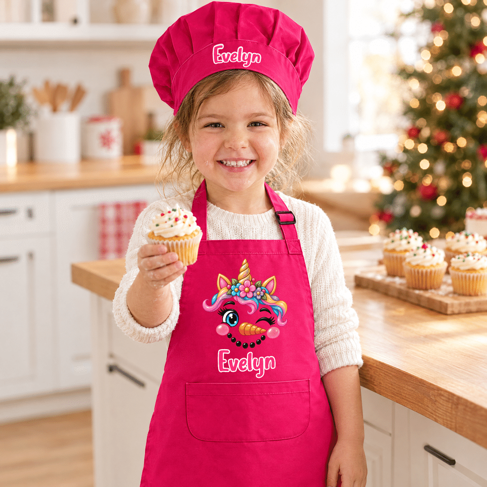 Personalized Christmas Theme Facial Expression Kid Baking Apron Chef Hat Set with Name and Pocket Kitchen Accessory Daily Use Christmas Gift for Kid 4