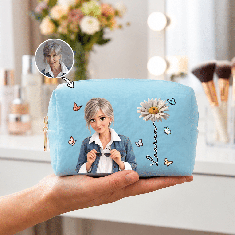 Personalised Birth Flower & Cute Cartoon Photo PU Leather Makeup Bag with Name Daily Use Birthday Christmas Gift for Women 3