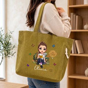 Borsa tote in velluto a coste personalizzata, con fiore di nascita, personaggio che legge e nome - Regalo di compleanno per amanti di libri