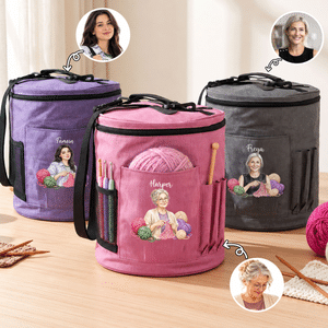Personalised Crochet Character Photo Large Cylindrical Yarn Storage Bag with Name Daily Use Birthday Christmas Gift for Crochet Lovers Women