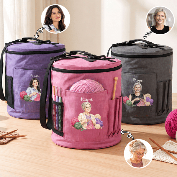 Personalised Crochet Character Photo Large Cylindrical Yarn Storage Bag with Name Daily Use Birthday Christmas Gift for Crochet Lovers Women