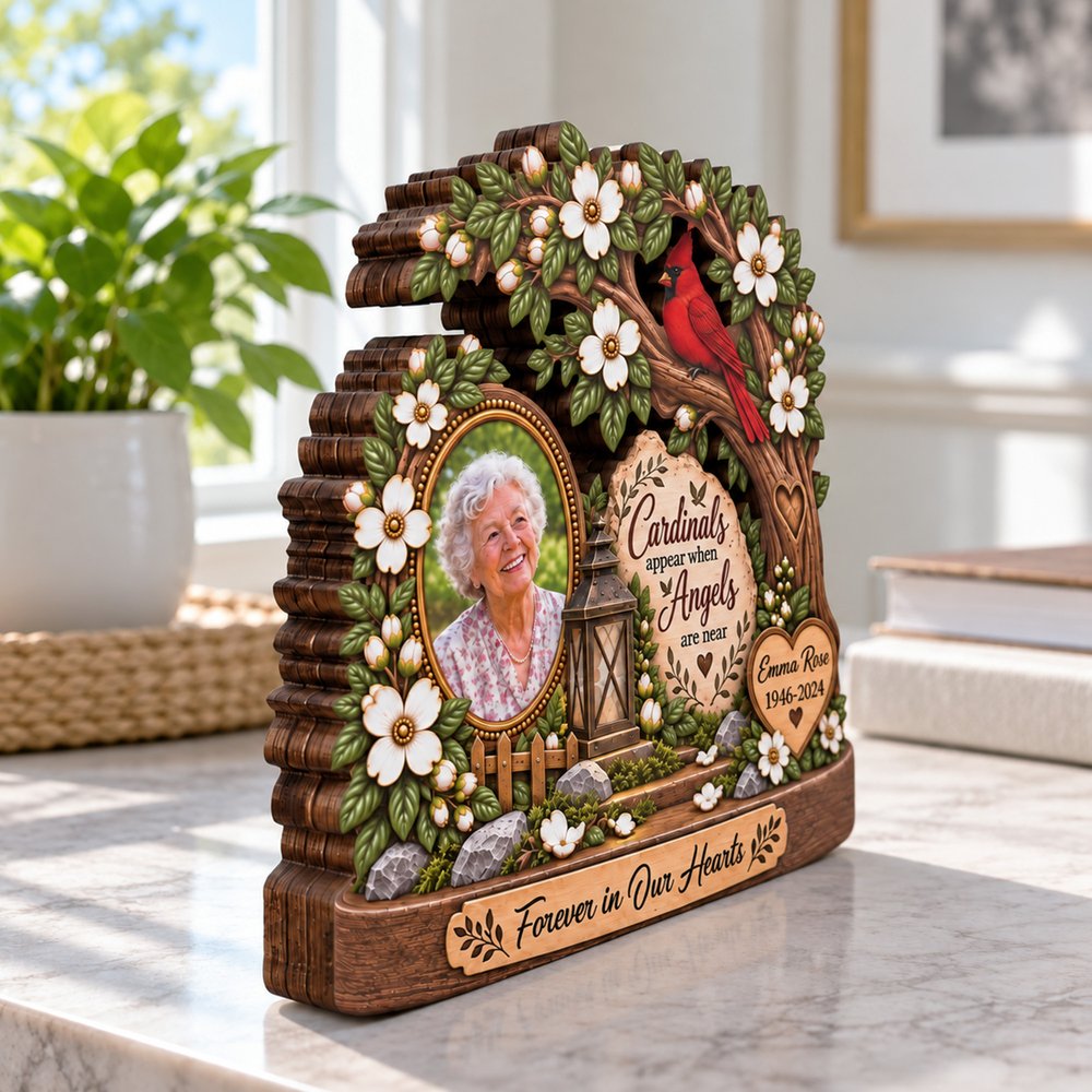 Personalised 3D-Effect Artwork Red Cardinal Tree Photo Layered Wooden Decoration with Year and Text Sympathy Memorial Gift for Family 3