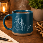 Taza de café de cerámica de 12 oz con asa y nombre grabado, con ilustración personalizada de un músico; ideal para el uso diario como regalo de cumpleaños para un amigo músico 3