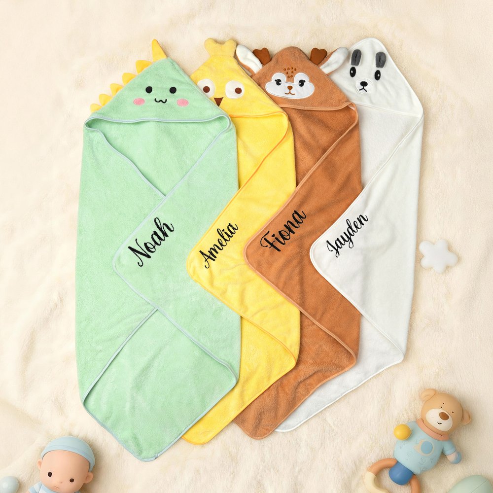 Asciugamano con cappuccio personalizzato, ricamato con simpatico animale e nome - Regalo di compleanno e baby shower per neomamme e bambini 4