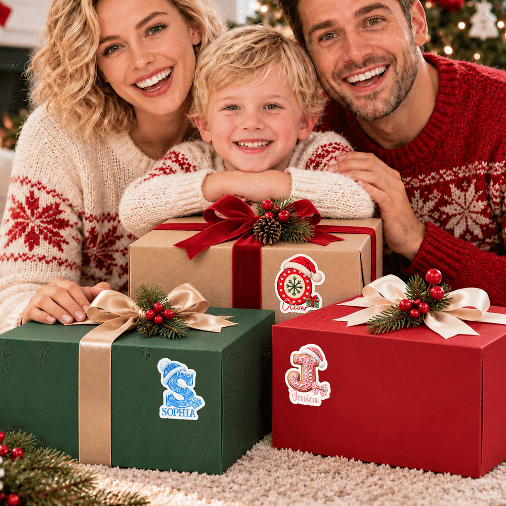 Personalised 3D-Effect Artwork Snowflake Santa Hat Christmas Initial Stickers with Name Christmas Gift for Kids Family 2