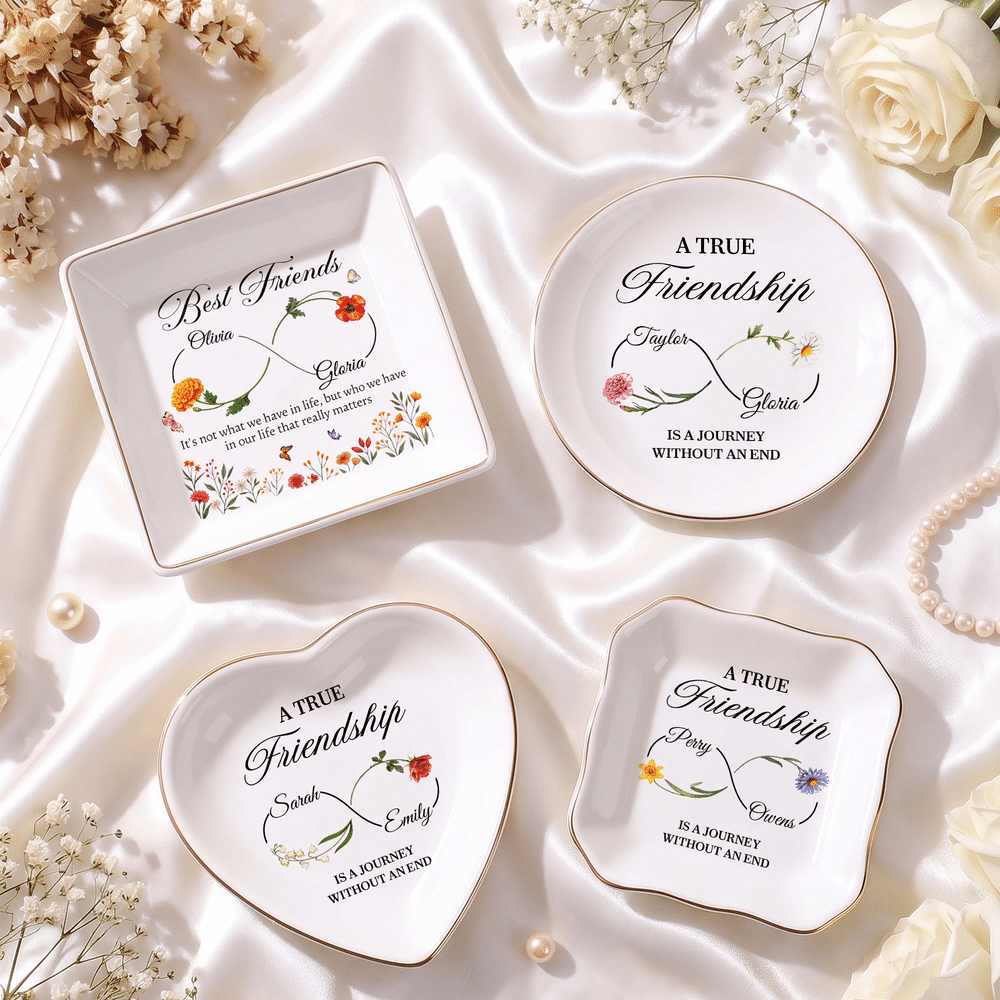 Personalized Best Friend Birth Flower Gold Rim Ceramic Trinket Jewellery Dish with 2 Names Birthday Anniversary Party Gift for Sisters Friends 2