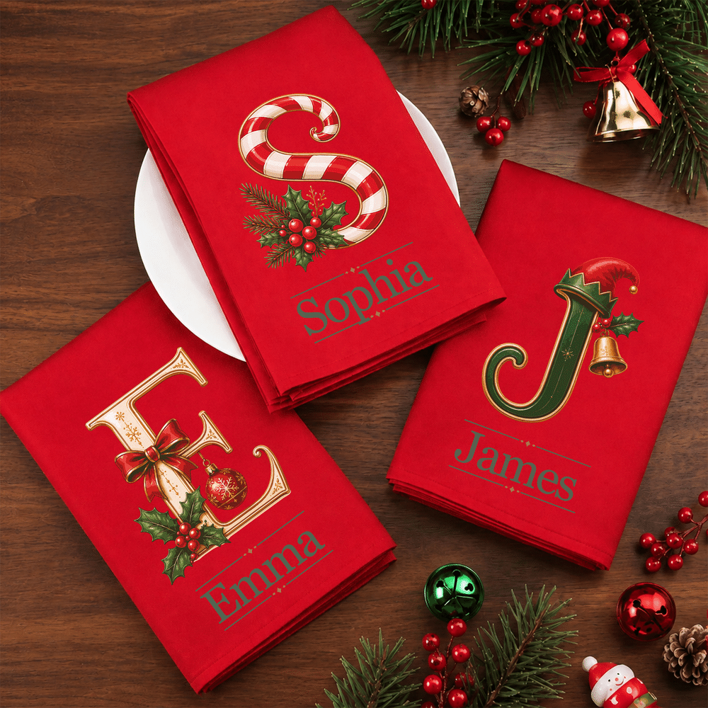 Personalized Christmas Theme Initial 100% Cotton Napkin with Name Table Decor Christmas Gift for Family Friends 1