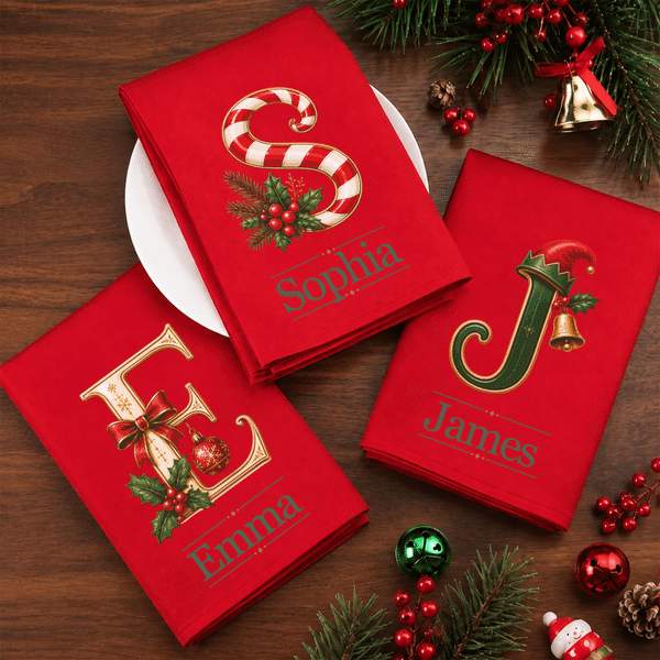 Personalized Christmas Theme Initial 100% Cotton Napkin with Name Table Decor Christmas Gift for Family Friends
