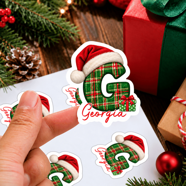 Personalised 3D-Effect Artwork Snowflake Santa Hat Christmas Initial Stickers with Name Christmas Gift for Kids Family