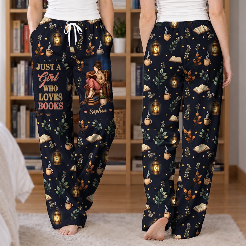 Personalized Bookish Girl Pattern Woman Pajama Pants with Name and Text Daily Wear Christmas Birthday Gift for Book Lover Girl 4