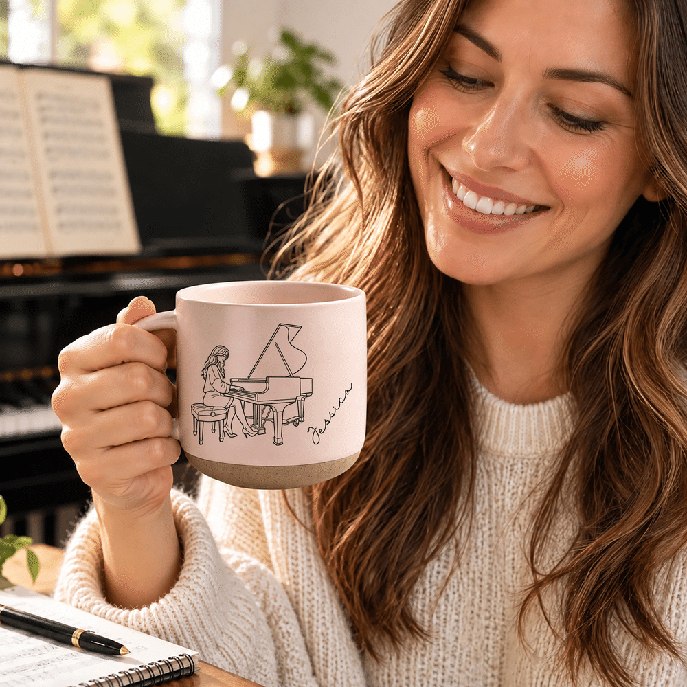Taza de café de cerámica de 12 oz con asa y nombre grabado, con ilustración personalizada de un músico; ideal para el uso diario como regalo de cumpleaños para un amigo músico 2