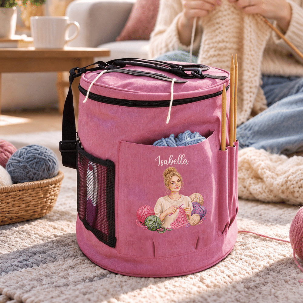 Personalised Crochet Character Photo Large Cylindrical Yarn Storage Bag with Name Daily Use Birthday Christmas Gift for Crochet Lovers Women 2