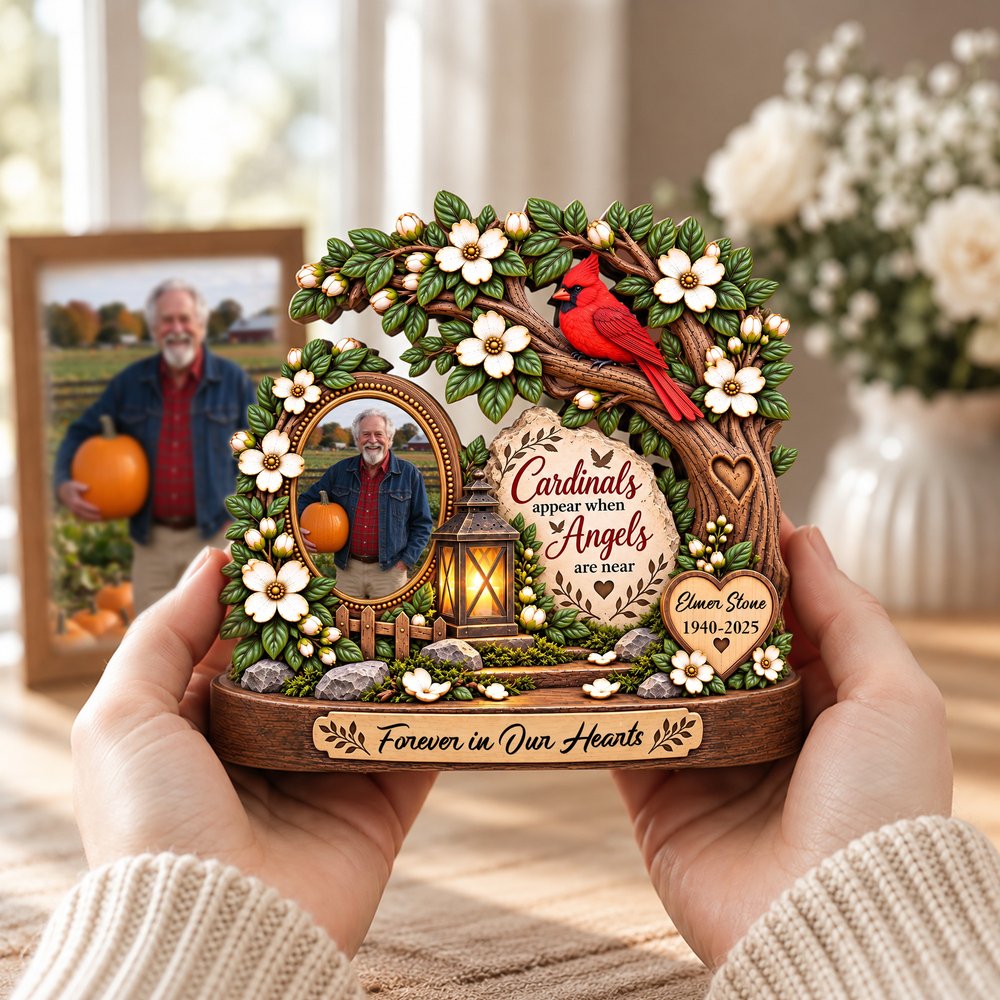 Personalised 3D-Effect Artwork Red Cardinal Tree Photo Layered Wooden Decoration with Year and Text Sympathy Memorial Gift for Family 2