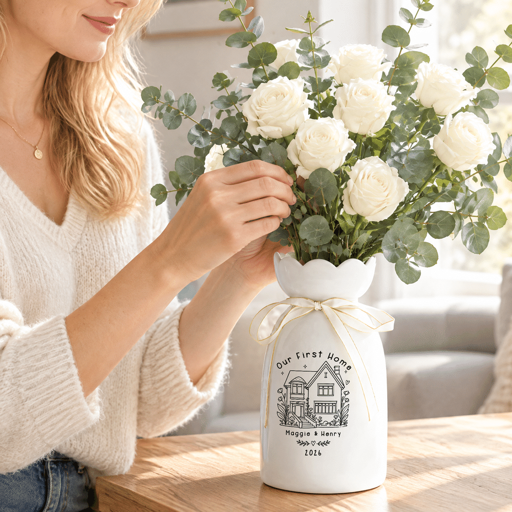 Personalised Simple Line Drawing Style House Photo Ceramic Vase with Title Text and Year  Housewarming Gift for Newlywed Couple Family 4
