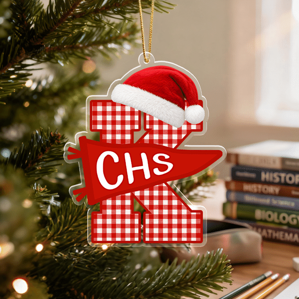 Personalised Multicolour Pennant Santa Hat Plaid Initial Acrylic Ornament with Text Home Decor Christmas Gift for Teacher Student