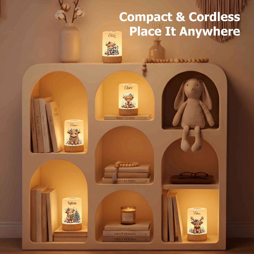 Personalised Christmas Theme Highland Cow Dimmable Touch Night Light with Name Bedroom Decor Christmas Gift for Kids 5