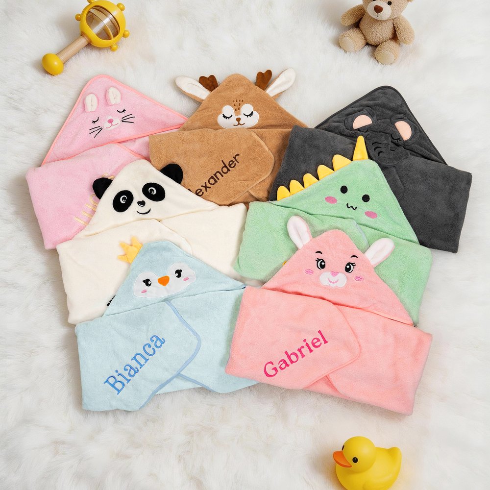 Personalised Cute Animal Embroidered Name Hooded Bath Towel Summer Pool Bath Essential Baby Shower Birthday Gift for Newborns Kids 2