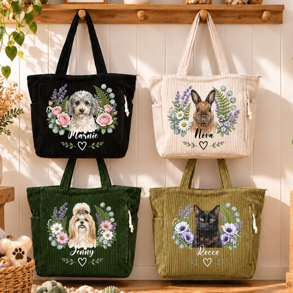Personalised Watercolor Pet Photo Garland Corduroy Large Capacity Tote Bag with Name  Birthday Anniversary Gift for Woman Girlfriend Mum