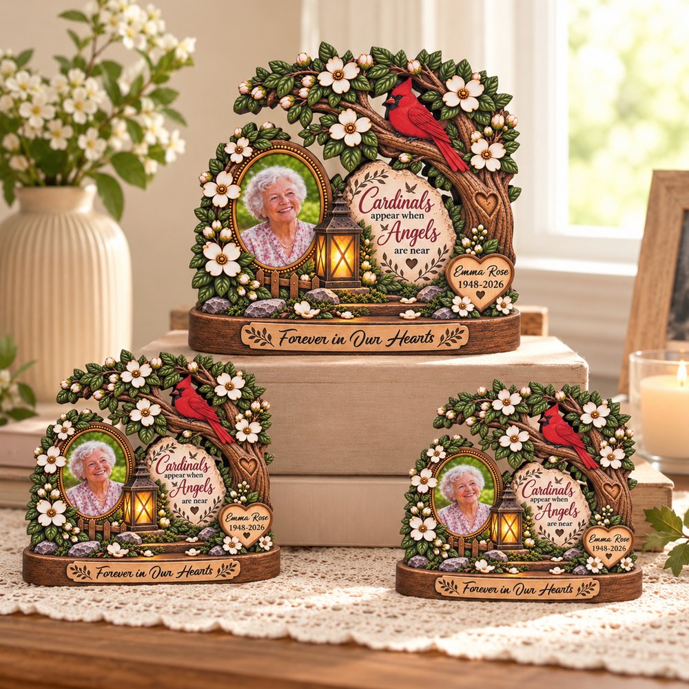 Personalised 3D-Effect Artwork Red Cardinal Tree Photo Layered Wooden Decoration with Year and Text Sympathy Memorial Gift for Family 4