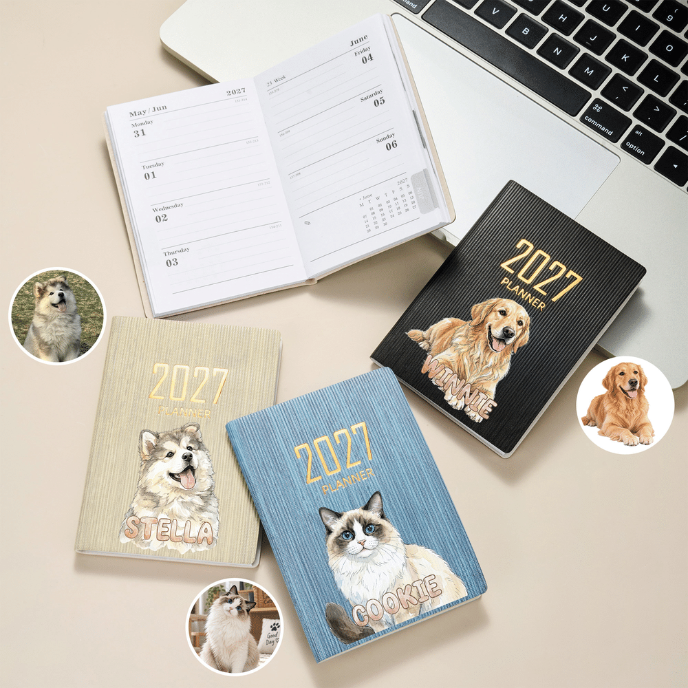 Personalised Watercolor Style Pet Photo Mini 2027 Planner Journal Notebook with Name and Weekly Monthly Planner Pages Christmas Gift for Pet Owner 1