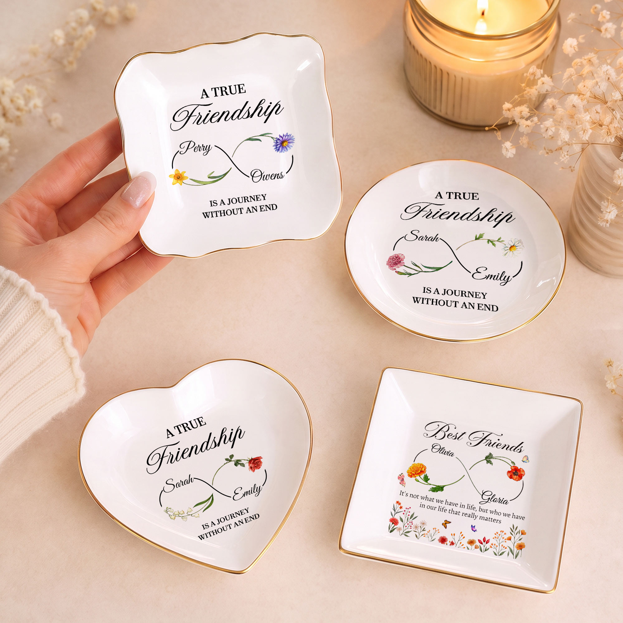 Callie Personalisierte Keramik-Schmuckschale mit Goldrand und Geburtsblume unisex