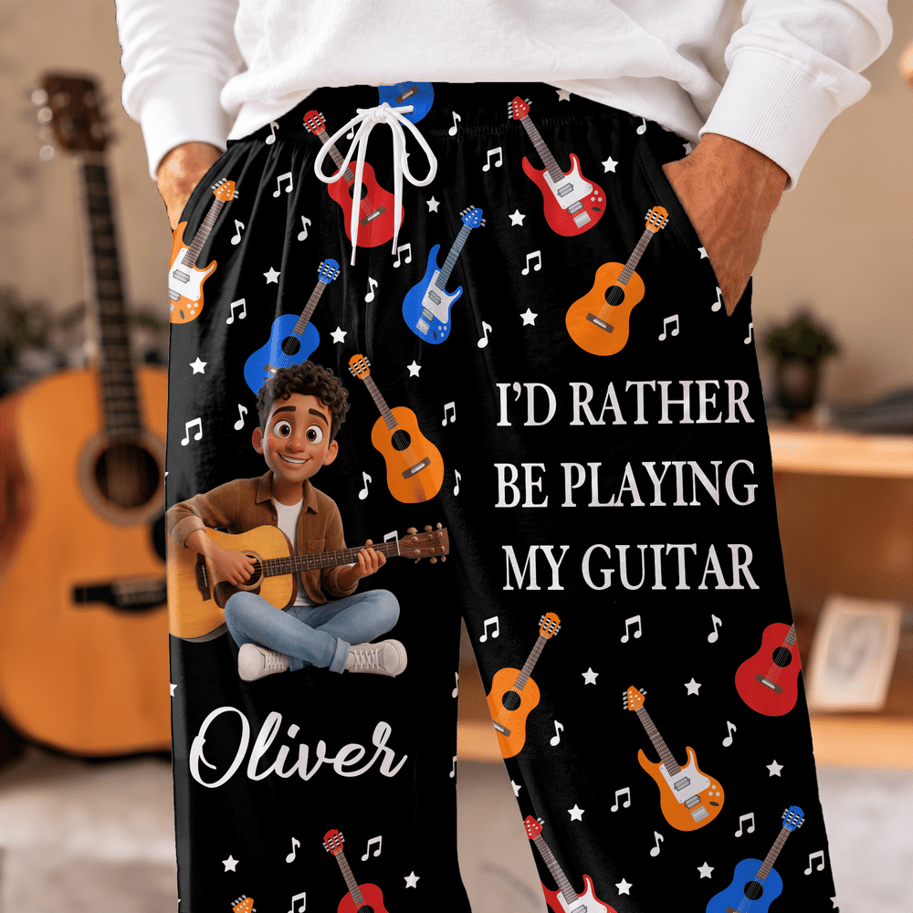 Personalised Guitar Theme Musical Note Cartoon Photo Character Soft Drawstring Pyjama Pants with Name Daily Wear Birthday Gift for Guitarist 6