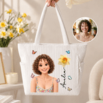 Personalized 3D-Effect Artwork Cartoon Photo Birth Flower Corduroy Tote Bag with Name Daily Use Travel Birthday Gift for Women Friends 1