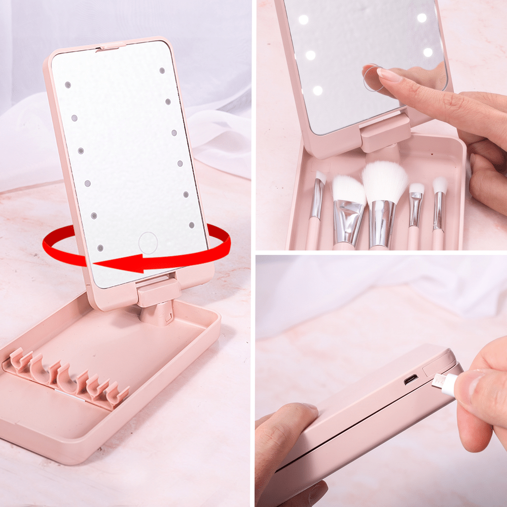 Personalized Birth Flower Butterfly 3D-Effect Artwork Cartoon Character Photo Makeup Brush Set with Name and LED Mirror Birthday Gift for Women 5