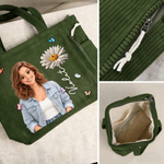 Personalized 3D-Effect Artwork Cartoon Photo Birth Flower Corduroy Tote Bag with Name Daily Use Travel Birthday Gift for Women Friends 9